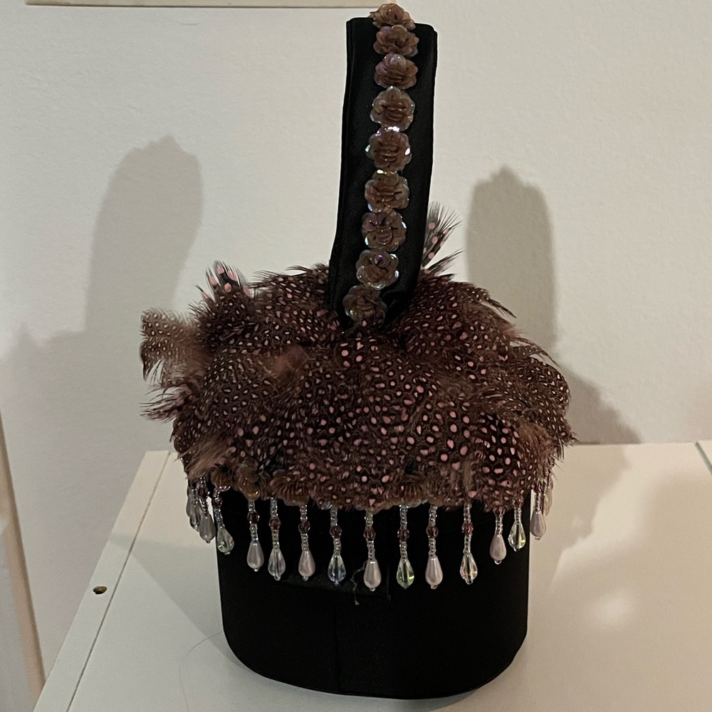 Brown satin and ostrich feather evening bag